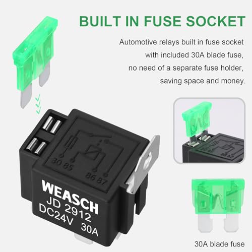 Weasch 2Pack Fuse Relay Switch Kit, 24V 30A, 4 Pin SPST, 30A Switch Harness Set, Automotive Electrical Relays with 14 AWG Wires (2) - Thumbnail 2