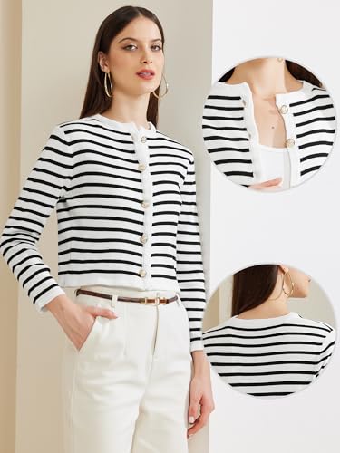 Image of Allegra K Striped Cardigan Sweater for Women's Long Sleeve Button Down Crewneck Trendy Knit Cardigans