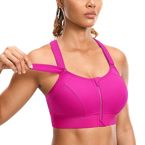 Image of SYROKAN Womens' Sports Bra High Impact Support Zip Front Adjustable Large Bust Racerback Wirefree Padded