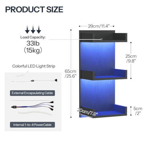 Image of HOOBRO Floating Wall Shelves with LED Lights, Floating Shelf Wall Mounted | Shelf for Storage, Vertical Display Stand, Modern Column Rack, for Bedroom, Livingroom, 3-Tier, 25.6 Inches, Black BK43DBJ01