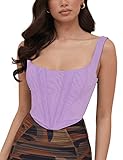 Meladyan Women Sexy Corset Sleeveless Crop Top Square Neck Strappy Zip Back Slim Fit Crop Bustier Night Clubwear Tank Tops Purple