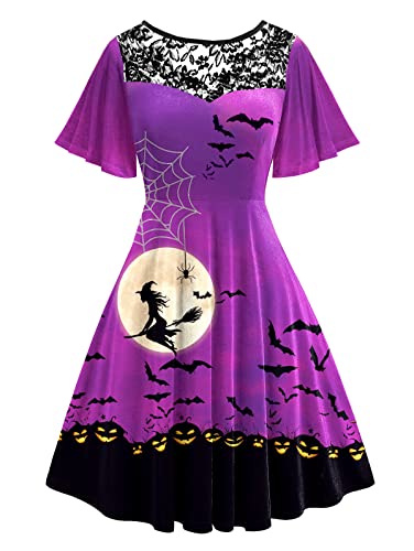AOBUTE Women Halloween Dress Spooky Printed Swing Dresses 1950 Retro