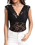 LYANER Women's Floral Lace Scallop V Neck Sleeveless Sheer Sexy Tank Top Blouse Black Medium