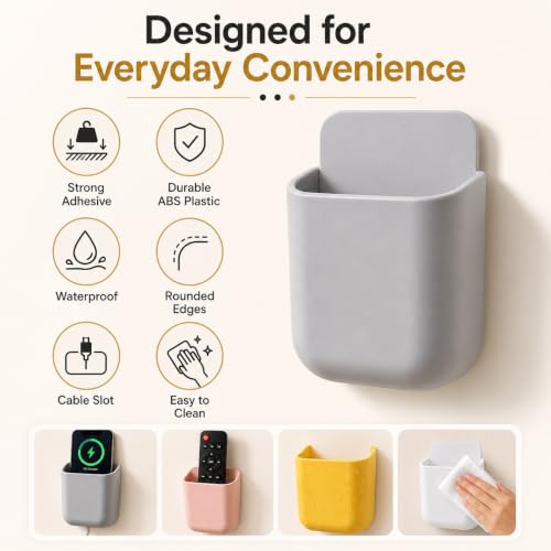 Image of STEPALZZ Wall Mount Mobile Holder Stand (Pack of 4) Self Adhesive Phone Charging Holder Plastic Remote Holder Wall Storage Pocket for Mobile Phone TV AC Remote Charging Organizer for Home Office