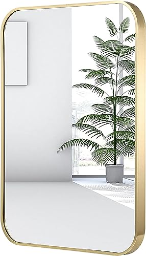 JENBELY 20x28 Inch Gold Bathroom Mirror, Brushed Brass Gold Metal Framed Rectangular Mirror with Rounded Corner, Bathroom Vanity Mirror for Bedroom or Living Room, Horizontal/Vertical