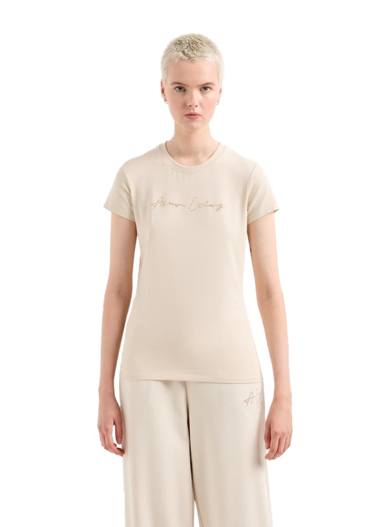 Armani Exchange Women's Rhinestone Script Logo Cotton Crewneck T-Shirt Dusty Ground, M