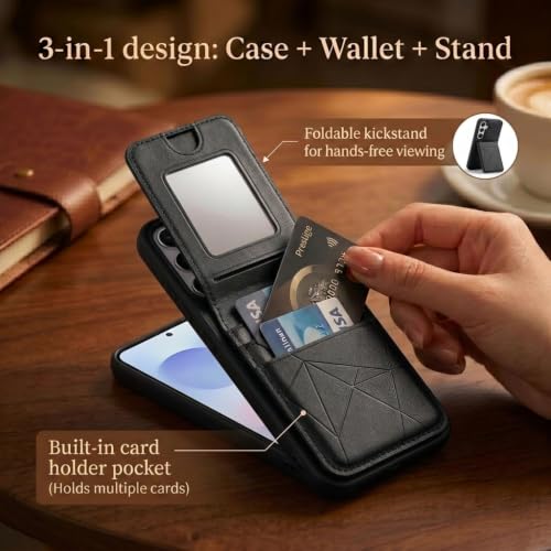 Image of amazon basics Premium Vegan Leather Back Cover with Card Holder and Integrated Mobile Stand for Samsung Galaxy S25FE 5G - Slim Shockproof Wallet Case with Geometric Stitching [Black]