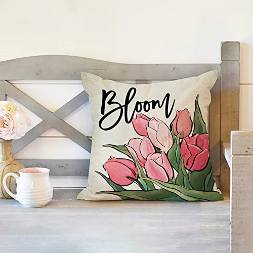 Fjfz Hello Spring Tulip Flower Decorative Throw Pillow Covers 16 X 16 Set Of 4, Home Sweet Floral Wreath Retro Porch Home Decor, Blessed Bloom Farmhouse Outdoor Sofa Couch Cushion Case #TOP4