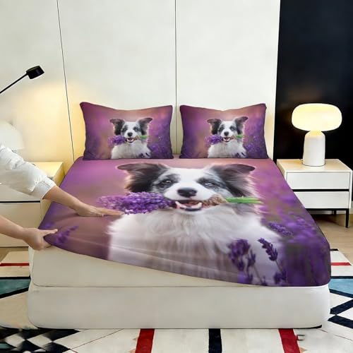 Drap housse imprimé 3D chien lavande avec bonnets élastiques profonds - 7