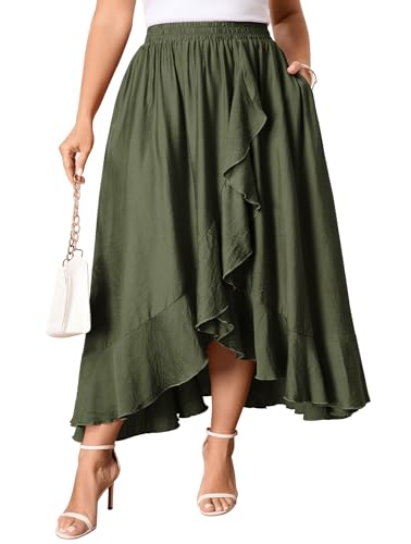 SCOMCHIC Plus Size Skirts for Women High Waisted Ruffle High Low Flowy Boho Maxi Skirt with Pockets Casual Summer Beach Army Green