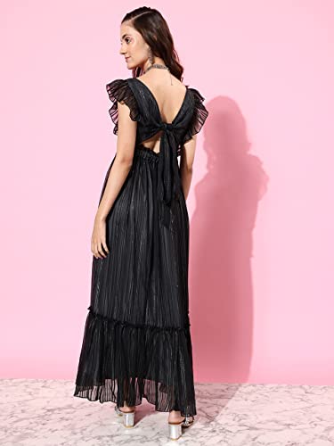 Image of Miss Chase Women's Round Neck Sleeve Embellished Fit Flare Maxi Dress