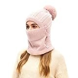 TAGVO Invierno Cálido Gorro De Punto y Calentador De Cuello, Gorro De Punto Flexible Con Bola De Pelo, Forro Polar Suave y Grueso, Mascarilla Ajustable Para Mujeres Para Deportes Al Aire Libre