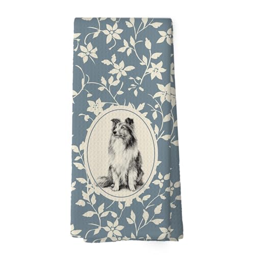 XPH Blue Floral Sheltie Kitchen Dish Towels, Sheltie Gifts for Women, Dog Lovers Mom Gifts, Vintage Blue Floral Golden Doodle Hand Towel Kitchen Tea Towels Decorations, 16x24inch