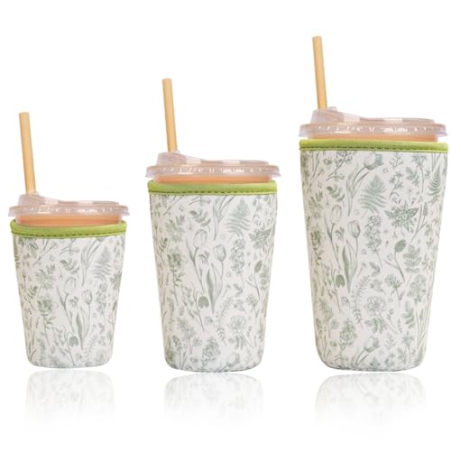 Image of Reusable Insulated Sleeve for Iced Coffee Cup, 3-Pack Coffee Neoprene Drink Sleeve for Cold & Hot Drinks, Beverage Holder for Iced Coffee (Sage Fern Florals)