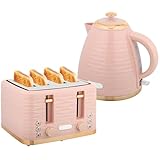 HOMCOM Wasserkocher Toaster Set Frühstück-Set mit 1,7L Wasserkocher, 4 Scheiben Toaster, 2200 W, 7 Bräunungsstufen, Auftauen, Aufwärmen und Krümelfach, Otter Thermostat, Rosa