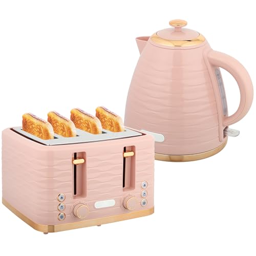 HOMCOM Wasserkocher Toaster Set Frühstück-Set mit 1 7L Wasserkocher 4 Scheiben Toaster 2200 W 7 Bräunungsstufen Auftauen Aufwärmen und Krümelfach Otter Thermostat Rosa