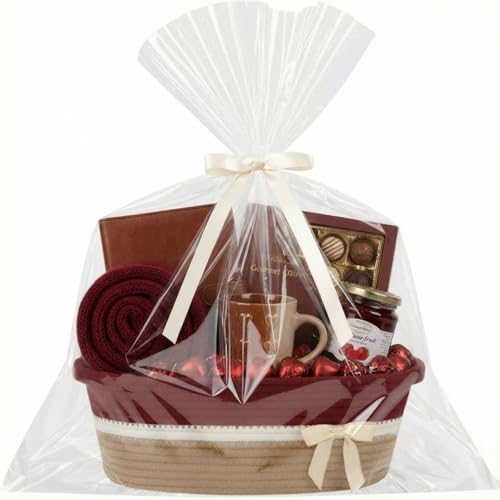 Image of Colingmill 1 Set Woven Basket for Gift Empty with Cellophane Wrap Set 14 x 10 x 5.5 Inch, Medium Decorative Gift Basket Empty to Fill, Cotton Rope Storage Box Decor (Brick Red Khaki)