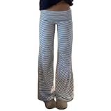 FOMOYUU Lounge Yoga Pants for Women Fold Over Low Waist Wide Leg Sweatpants Flare Leggings Bell Bottoms Y2K Foldover Pants (White+Blue, S)