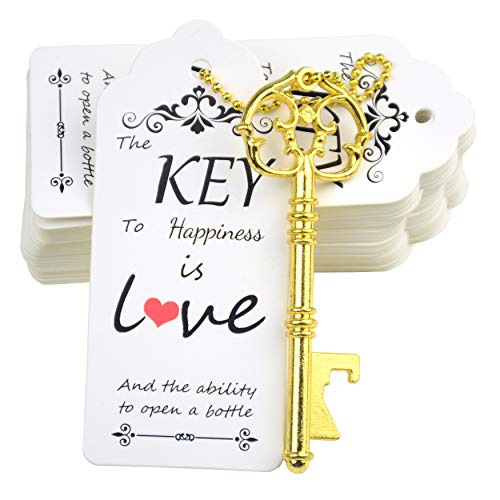 Aokbean 52pcs Vintage Skeleton Key Bottle Opener Party Favor Wedding Favor Guest Souvenir Gift Set with Escort Thank You Tag Card and Keychain (Gold)
