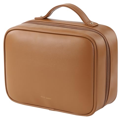 RIGHT AWAY Travel Toiletry Bag for Women, Makeup Bag& Cases, Waterproof Makeup Organizer Cosmetic Bag with Compartments,Portable Make Up Bag for Travel Size Toiletries,Skincare,Brushes Set,Brown