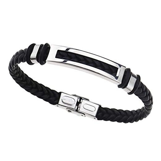 OTOTEC Pulseras trenzadas de cuero de acero inoxidable negro de 21 cm no magnéticas para hombres y mujeres