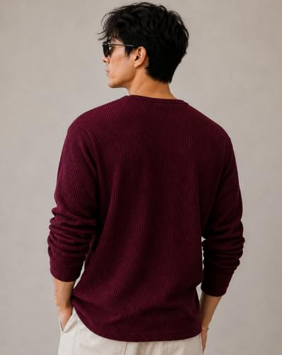 Image of AUSK Men's Textured Henley T-Shirt || Full Sleeve Ribbed Knit Button Neck T Shirt for Men || Regular Fit Casual Wear Tee || Smart Casual Tshirt for Mens