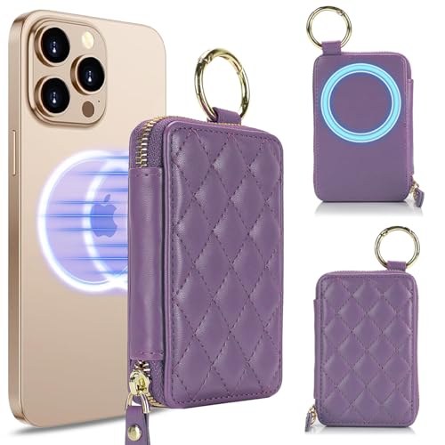 Image of Compatible with MagSafe Wallet,Magnetic Wallet for iPhone 17 /16 Pro Max /15 Pro /14 Plus /13 /12 Series,PU Leather Zipper Pocket Card Holder Adjustable Stand-Light Purple