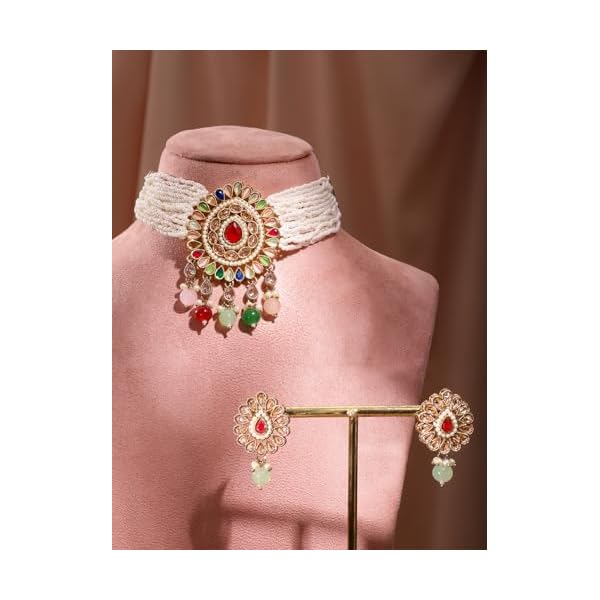 Rubans 24K Gold-Plated Handcrafted Artificial Jewelry Choker Set with Multicolour-White Beaded & Matching Earrings For Women and Girls – Perfect for Weddings and Special Occasions - Image 4