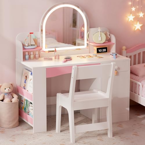 Image of Teckid Kids Vanity Set with Chair and Lights, 2 in 1 Princess Makeup Desk, Toddler Vanity Table with Lighted Mirror, Open Bookshelf, Shelves, Drawers and Storage Cabinet for Little Girls (White)