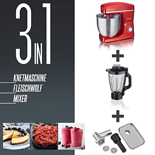 HEINRICHS 3 in 1 Universal Küchenmaschine, Küchengerät 1500W, 6 Geschwindigkeitsstufen, Multifunktionale Knetmaschine mit Fleischwolf, 1.5L Mixerbehälter, XXXL 10L Edelstahlschüssel (Rot) 4 HEINRICHS 3 in 1 Universal Küchenmaschine, Küchengerät 1500W, 6 Geschwindigkeitsstufen, Multifunktionale Knetmaschine mit Fleischwolf, 1.5L Mixerbehälter, XXXL 10L Edelstahlschüssel (Rot)