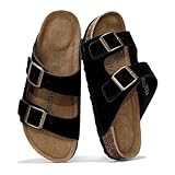 Project Cloud 100% Genuine Leather Flat Sandals For Women 2026 Cork Footbed Womens Sandals with Memory Foam and arch support Vacation Essentials Slides for Women Footwear (VenitaWD,BLKSU,10)