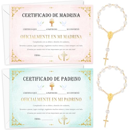 HOWAF 2 peças Certificado de madrinha e padrinho com envelopes e 2 peças rosário de pérolas, padrinhos batismo proposta rosários de batismo presente batizo presente padrinhos batismo presente comunhão