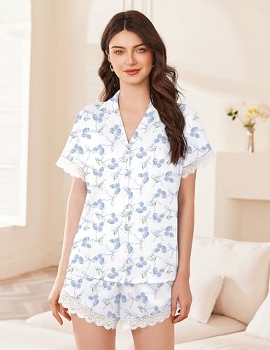 Image of Ekouaer Womens Lace Satin Pajama Set Button Down Pj Shorts Set Bridesmaids Getting Ready Outfits Casual Sleepwear XS-XXL
