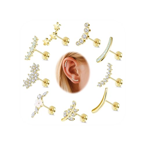9Pcs 18G 14K Gold 316L Stainless Steel Cartilage Earrings for Women Helix Earrings Dainty Opal Leaf Flat Back Stud Earrings CZ Flower Conch Earrings Piercing Jewelry 6/8MM
