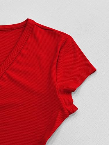 Image of Albe Rita Women Short Sleeve T-Shirt Cap V Neck Shirts for Women Ribbed Casual Top Knit Slim Fit for Summer