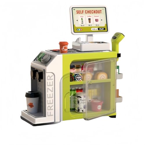 JiFocelt 本格スーパーマーケットごっこセット|電子レジスキャナー&電卓機能搭載 クレジットカード・コーヒーマシン付きで子供が楽しくショッピング体験 (スーパーのコーヒー販売機です,グリーンです)