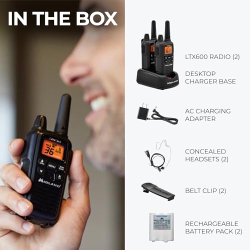 Image of Midland LXT600BB FRS Business Walkie Talkies - Long Range 36-Channel Two-Way Radios with Headsets and Charging Base, NOAA Weather Alerts(2-Pack, Black)
