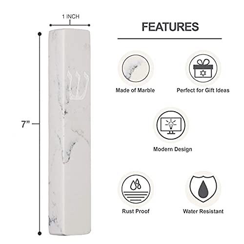A&S Mezuzot Quartz Mezuzah Case with Engraved Shin Design Easy Peel and Stick Judaica Door Mezuza (White/Grey Veins Quarts, 6 Inches)