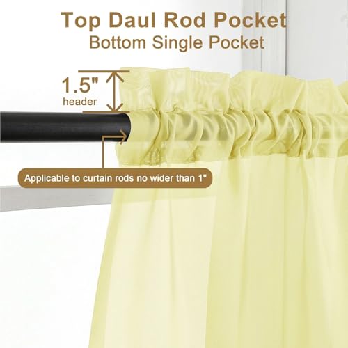 Image of Chyhomenyc Sheer Valances for Windows - Light Filtering Small Window Curtains for Living Room Bathroom Cafe Laundry Basement, Modern Dual Rod Pocket Voile Curtain, 42Wx14L inches, Light Yellow, 2 PCS