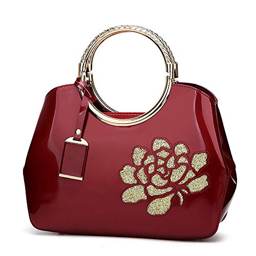 Bolsa feminina, bolsa de couro envernizado, elegante bolsa com alça superior bordada de flores, Vinho, 1