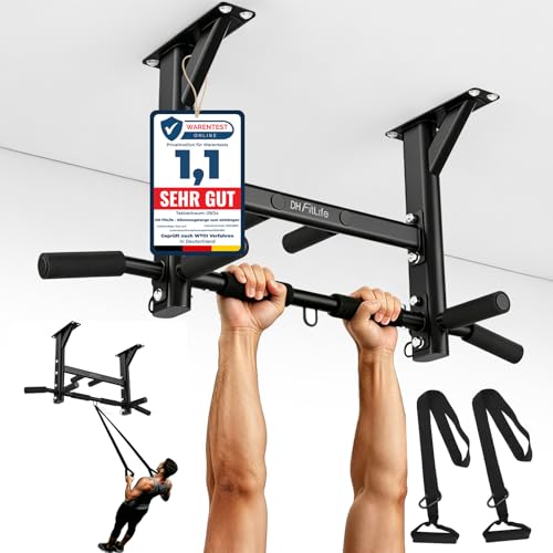 DH FitLife Klimmzugstange Deckenmontage 4in1 bis 300kg Multifunktionale Pull Up Bar für Zuhause 8 rutschfeste Griffe 3 Ösen für Boxsack & Schlingentrainer stabil & sicher