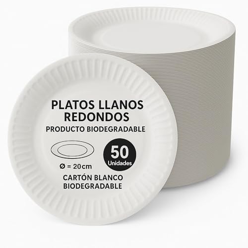 CHEFZOCO Platos de cartón blancos biodegradable, Plato de cartón llano redondo, apto para uso alimentario, Recomendado solo para alimentos secos, Certificado FSC® MIX 70%, Diámetro 20 cm, 50 unidades