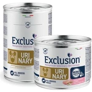 EXCLUSION Adult All Breeds Urinary Cane gusto Maiale, Sorgo e Riso | alimento umido completo per cani adulti di tutte le taglie e razze, per cani con calcoli di struvite, 6 lattine da 200gr.