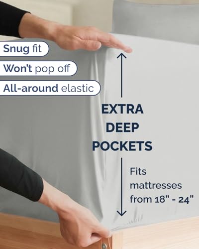 Image of Extra Deep Twin XL Sheet Set - 4 Piece Breathable & Cooling - French Grey | Hotel Luxury Bed Sheets Set, Easy & Secure Fit, Ultra-Soft, Wrinkle & Fade Free, Comfy Sheets Set with Extra Deep Pockets