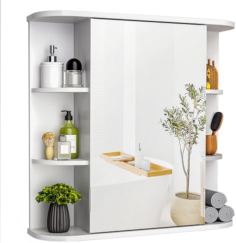 Pamapic Spiegelschränke fürs Bad, Badezimmerschrank mit Spiegel, Hängeschrank Badezimmer mit verstellbaren Ablagen, Schrank mit Badezimmerspiegel, Wandschrank,67,5 x 60 cm, Weiß