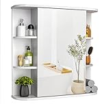 Pamapic Bathroom Mirror Cabinet, Bathroom Cabinet with Large HD Mirror, Wall Mounted Storage Cupboard with Adjustable Shelves, Storage Unit for Living Room, Bedroom, White, 68 x 60 cm