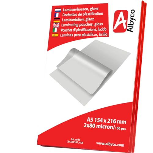 Albyco - Fundas Plastificar A5-2x80 (160) Micras - 100 Piezas - Película de Laminación, Plastificadora, A5 Hojas Plastificar - Brillante - Transparente