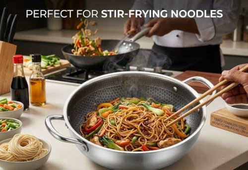 Image of Sakar Triply Honeycomb Kadai 28 cm | 3 Layer Stainless Steel Deep Fry Pan | 2.5mm Heavy Base | Gas & Induction Compatible | Non-Stick Honeycomb Design | Rust-Free Durable Cookware