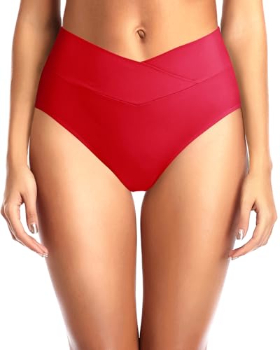 Image of Women V Cut Full Coverage Bikini Bottom - High Waist Swim Bathing Suit Bottoms Cross V Front Swimsuit