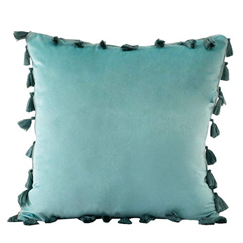 vctops Velvet Soft Solid Decorative Throw Pillow Cover with Tassels Boho Accent Cushion Case for Couch Bedroom Car Water Green 20''x20''